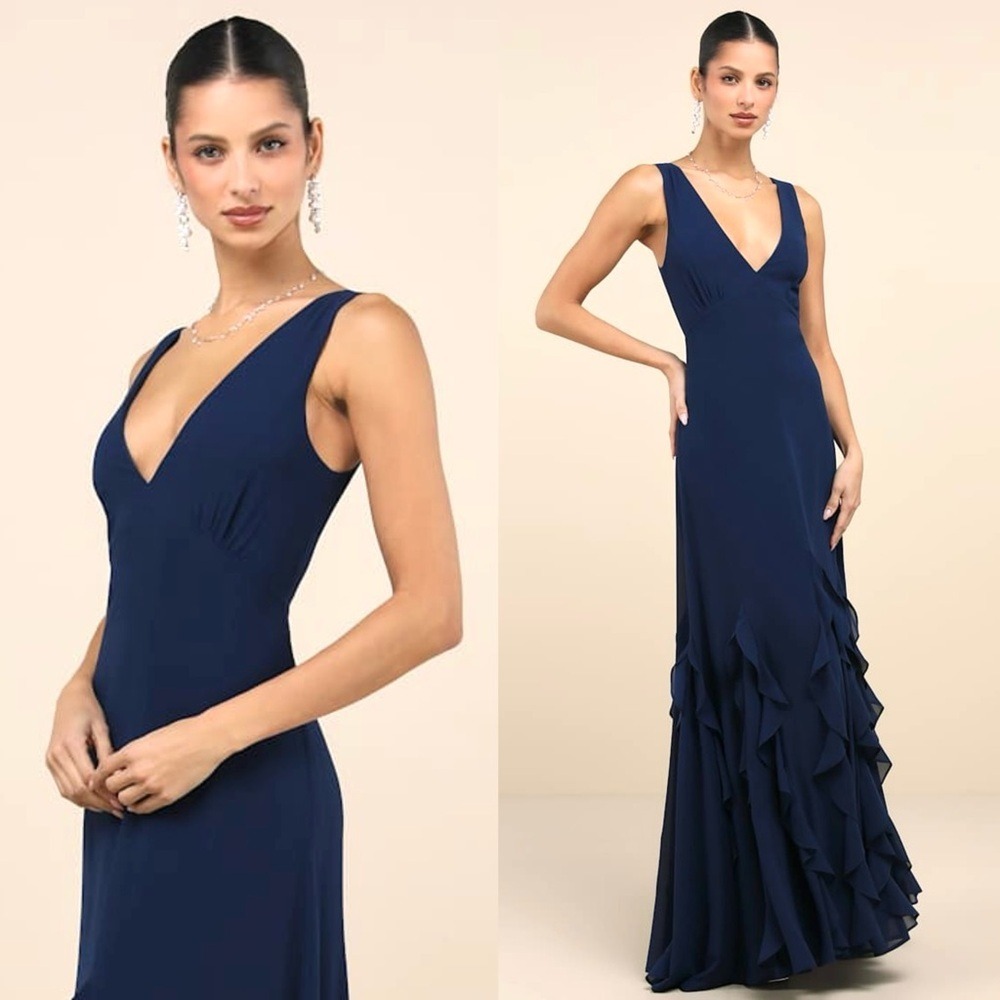 LULUS Navy Sleeveless V-Neck Ruffle Mermaid Skirt Wedding Guest Formal Gown L